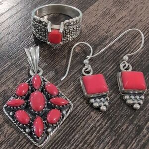 Sterling Silver Rust Stone Pendant, Earrings and Ring Set